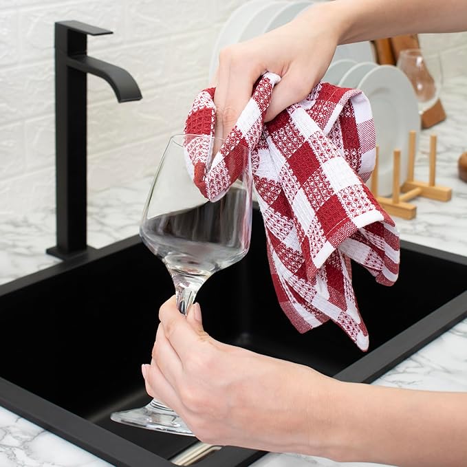 Blue Needles Set of 4 Waffle Weave Kitchen Towel, 15x25 Inches 100% Cotton Check Plaid Dish Towels for Kitchen, Soft & Absorbent for Quick Drying with Hanging Loop, Spring Summer - Burgundy & White