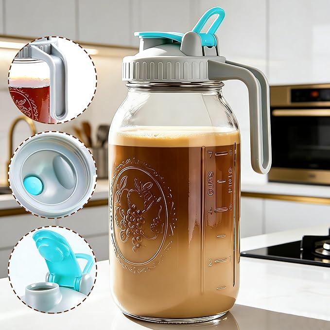 Mason Jar Cold Brew Coffee Maker 64 OZ ( 2 Quart ) Wide Mouth Cold Brew Pitcher With Stainless Steel Fine Mesh Filter Airtight & Leakproof Mason Jar Pitche For Coffee, Iced Tea, Sun Tea, Lemonade