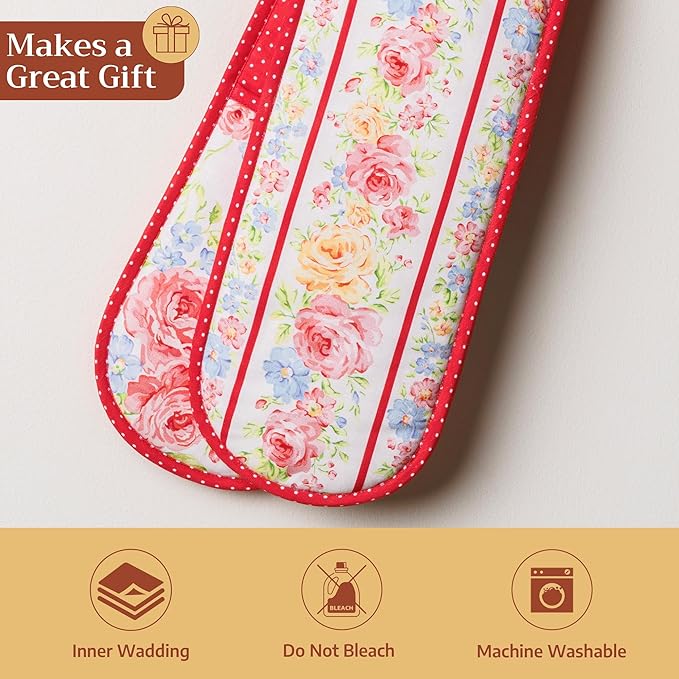 Maison d' Hermine Double Oven Mitts 100% Cotton 7"x35" Double Oven Mitt Heat Resistant BBQ Cooking Gloves with Loop Baking Grilling Gifts for Mothers Day Spring Summer (Vintage Floral)