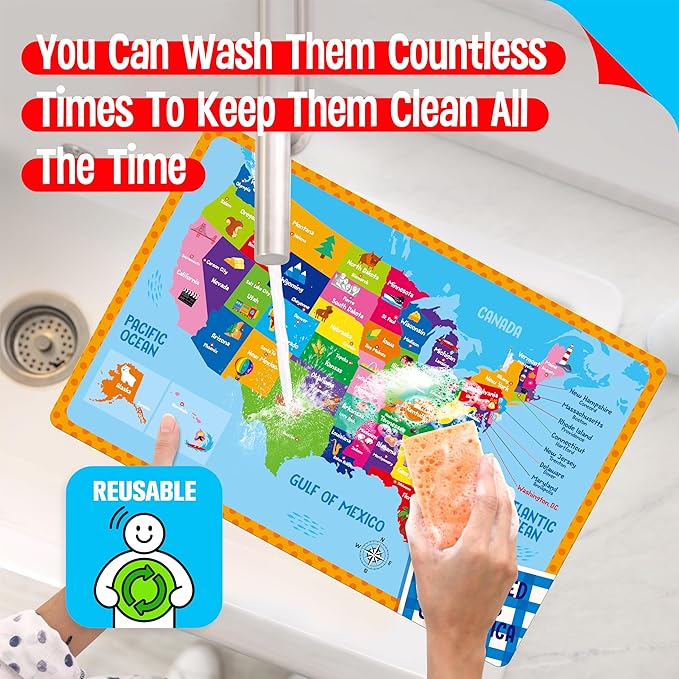 4 Pack Placemats for Kids, Non-Slip Washable Table Mats, Double-Sided Reusable Universe, Alphabet, Numbers, Map of USA & World Educational Placemats for Home, Kindergarten, Classroom, Nursery