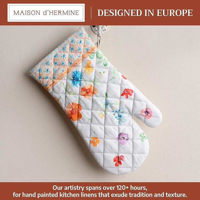 Maison d'Hermine Oven Gloves 100% Cotton Oven Mitt 7" x 13" with Loop Heat Resistant BBQ Cooking Gloves Baking Grilling Gifts for Mothers Day Spring/Summer (Pack of 1, Summer Whisper)