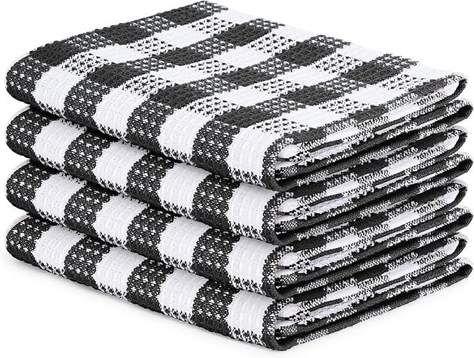 Blue Needles Set of 4 Waffle Weave Kitchen Towel, 15x25 Inches 100% Cotton Check Plaid Dish Towels for Kitchen, Soft & Absorbent for Quick Drying with Hanging Loop, Spring Summer - Black & White