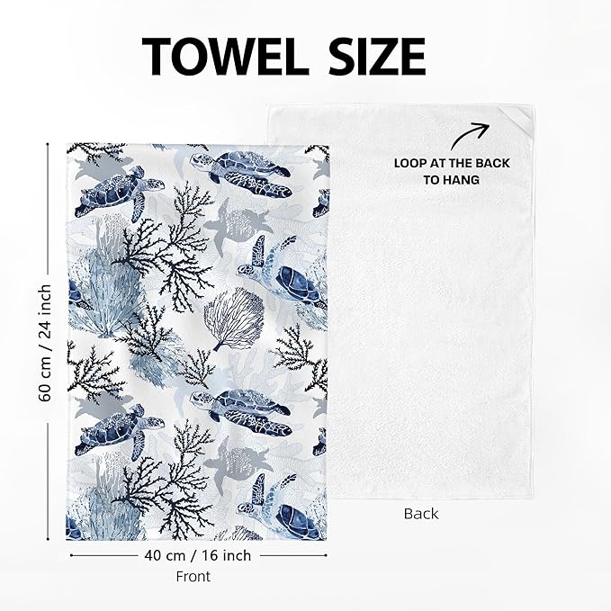 Blue Nautical Seahorse Corals Sea Turtle Kitchen Dish Towels Decorative Set of 4, Absorbent Coastal Tea Hand Towels for Kitchen Farmhouse Housewarming Bar Ocean Themed Decor