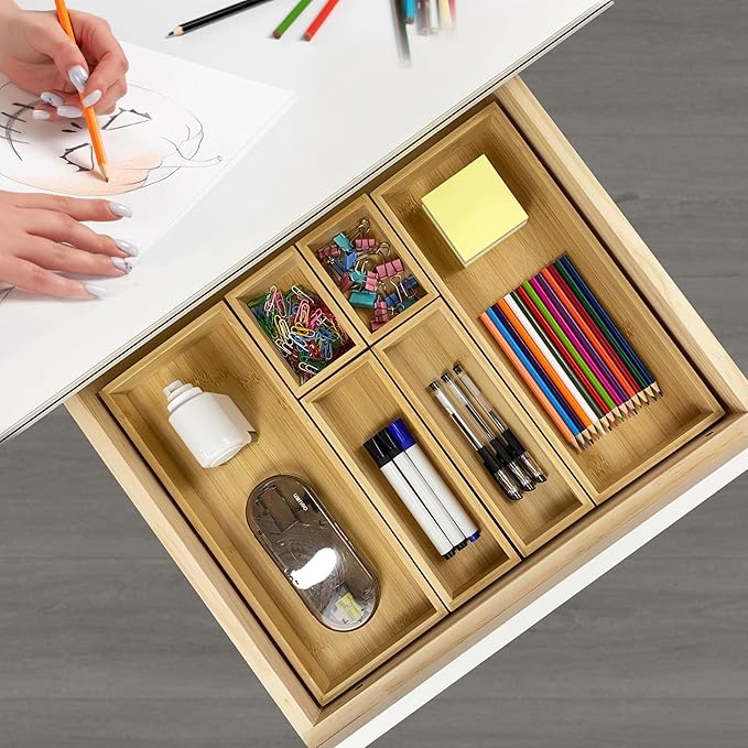 bamboo drawer organizer Set，expandable drawer dividers,wooden storage organizers,large trays for kitchen, bathroom,flatware,Tea Bag Organizer and office desk drawer (1)