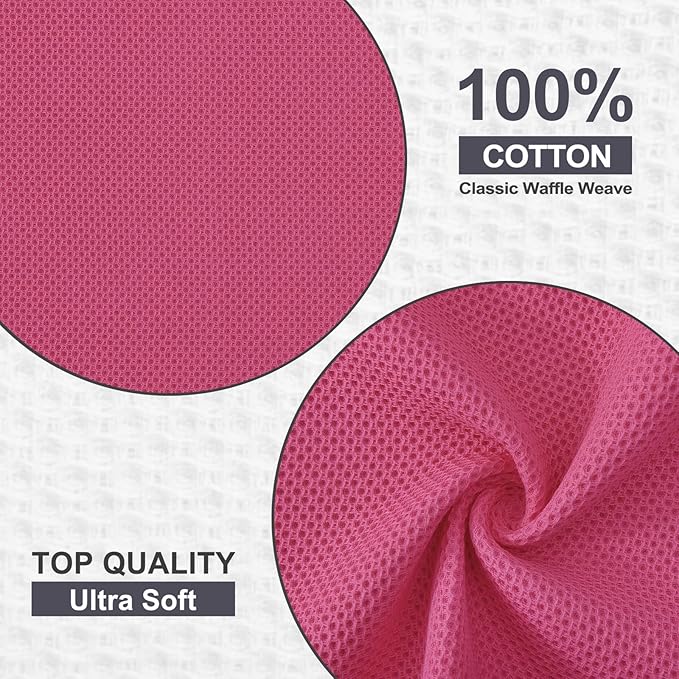 Kitinjoy 100% Cotton Kitchen Dish Cloths (12 X 12 Inches, Hot Pink), 12 Pack Waffle Weave Ultra Soft Absorbent Dish Towels for Drying Dishes Quick Drying Kitchen Towels Dish Rags