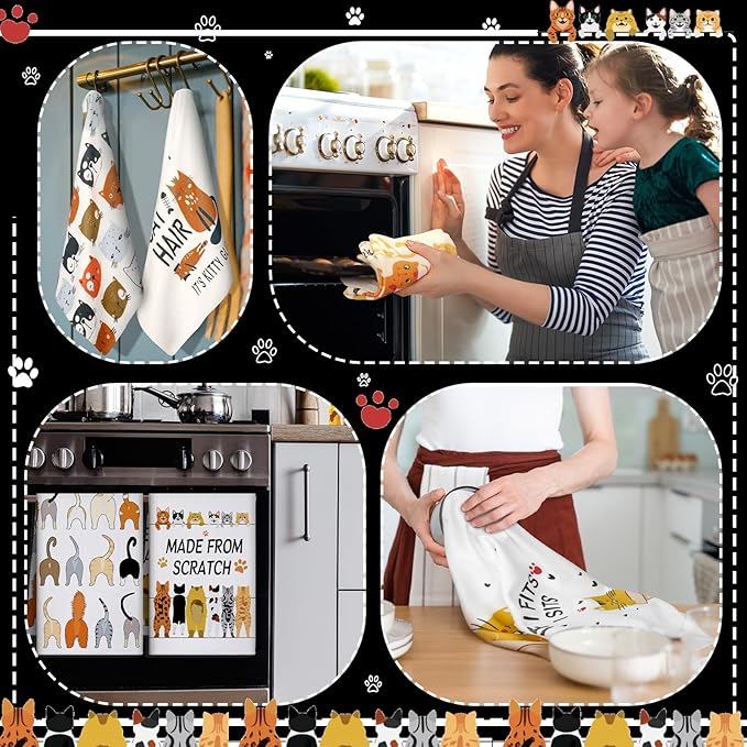 TecUnite 6 Pcs Cat Kitchen Towels Set Funny Cat Tea Towels Cute Dish Towel Decorative Hand Towel Cats Lover Gifts for Cleaning Drying Wiping Tasks Cats Owners Women Mom Housewarming Gifts Decor