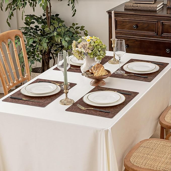 Romanstile Vinyl Placemats Set of 8-12 X 17 Inch - Heat Resistant Non-Slip Embossed Floral Place Mats 100% Waterproof Oilproof Wipeable Faux Leather Table Mats for Kitchen/Dining/Party, Brown