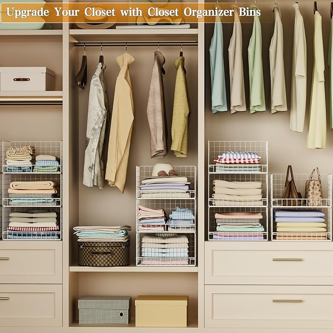 Yociyoga Closet Organizers and Storage Basket- 3-Tier Stackable Storage Bins, Foldable Closet Shelf Organizer Basket, Stackable Clothes Organizers Shelves for Home Organizer System