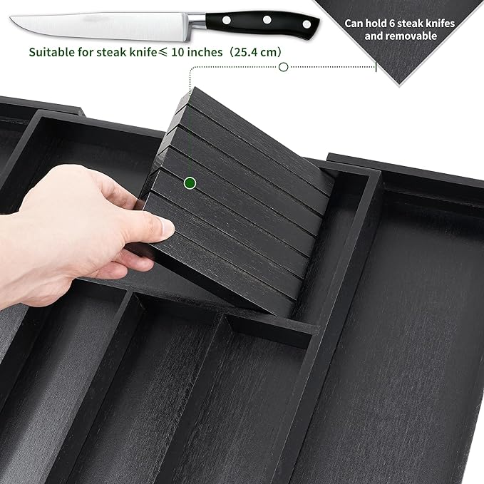 VaeFae Bamboo Silverware Drawer Organizer Kitchen, Expandable Utensil Organizer with Knife Block, Cutlery Tray with Divider, Multifunctional Drawer Organizer (Black)