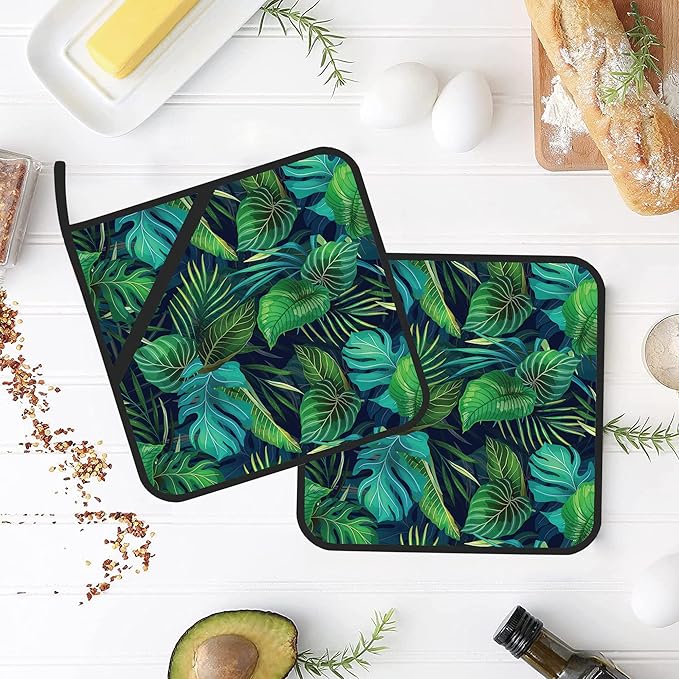 Green Tropical Leaves Pot Holders Set of 2 Kitchen Heat Resistant Potholder for Microwave Cooking Baking Oven End Dishes and BBQ