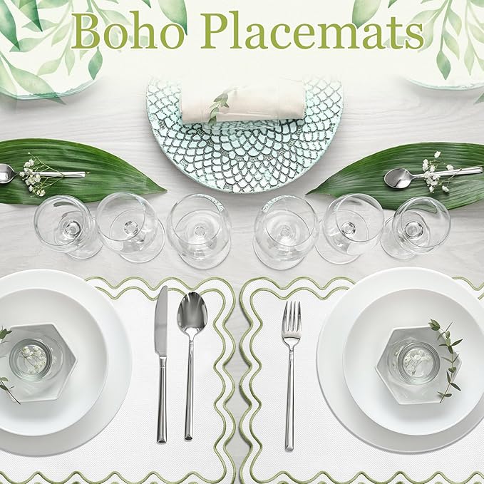 HunnmingRe Set of 6 Cotton Linen Placemats, 13x19 Inch Scalloped Wavy Embroidery Placemat Double Layered Washable Rustic Rectangle Dinner Table Mats for Wedding Home Decor(White with Green)