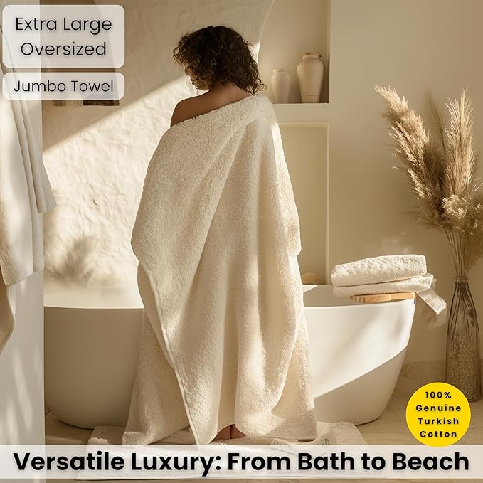 SALBAKOS Luxury 100% Turkish Cotton Bath Sheets 40x80 in Oversized Extra Large Bath Towels | Premium Hotel Quality Thick Soft Absorbent Turkish Towel for Spa Beach (Pack of 1, Ivory, Jumbo Bath Sheet)