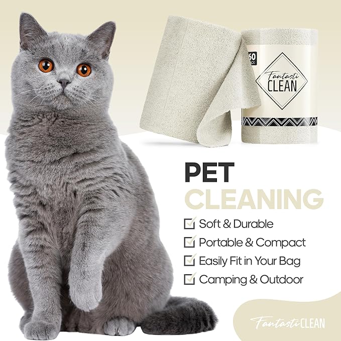Fantasticlean Microfiber Cleaning Cloth Roll -60 Pack, Tear Away Paperless Towels, 8" x 8", Reusable Washable Rags, for House Kitchen, Pet, Office, Indoor Outdoor, Compact and Portable (Off-White)