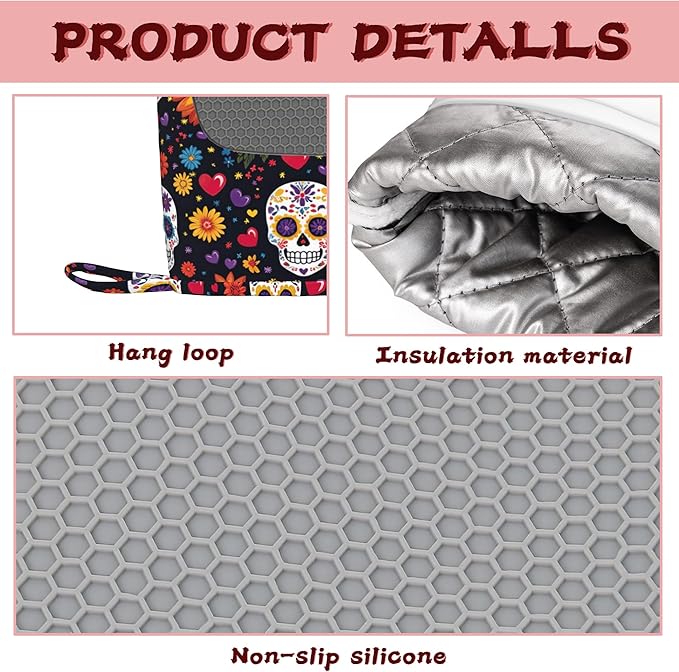 Mexican Skull Heat-Resistant Silicone Oven Mitts and Pot Holders 4 Piece Set,Sugar Skull Day of The Dead Extra Long Non-Slip Kitchen Oven Gloves for Cooking, Baking, BBQ,Grilling