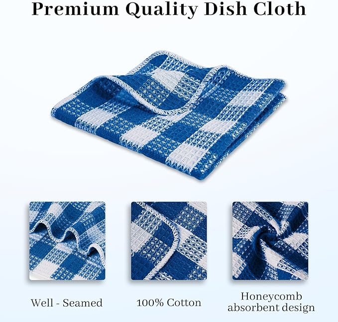 Blue Needles Set of 6 Waffle Weave Check Plaid Dish Cloths, 12x12 Inches 100% Cotton Dish Towels for Kitchen, Ultra Soft & Absorbent Kitchen Towels for Quick Drying Spring Summer - Sky Blue & White