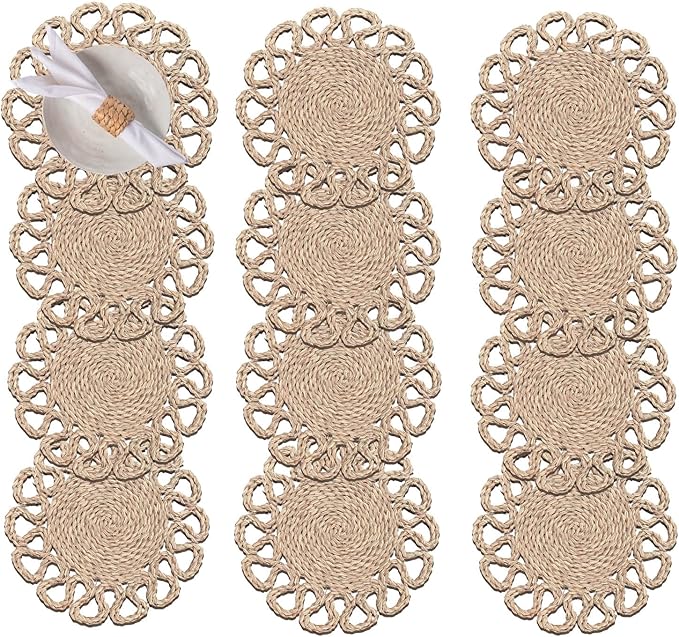 Laquedecraft 13.8" Set of 12 Round Seagrass Placemats | Boho Woven Rattan Table Mats | Farmhouse Wicker Spring Plate Chargers Like Water Hyacinth, Seagrass for Wedding, Party, Christmas, Events