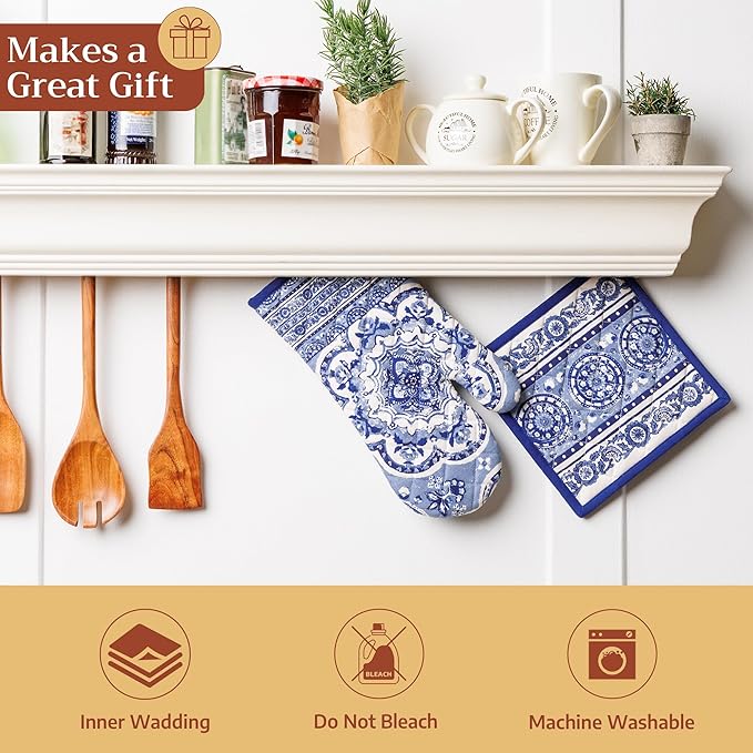 Maison d' Hermine 100% Cotton Oven Mitt & Pot Holder Set (7.5"x13" & 8"x8") Heat Resistant BBQ Cooking Gloves with Loop Baking Grilling Kitchen Gifts for Mothers Day Spring/Summer(Melodie Bleue)