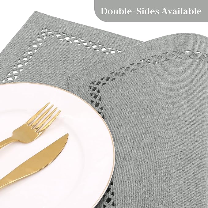 Linen Cloth Placemats Set of 4, HADEEONG 12 x 18 Inch Hollow Edge Place Mats Washable Heat Resistant Placemats Cloth Table Mats for Dining Table Home Decor (Light Grey, 4)