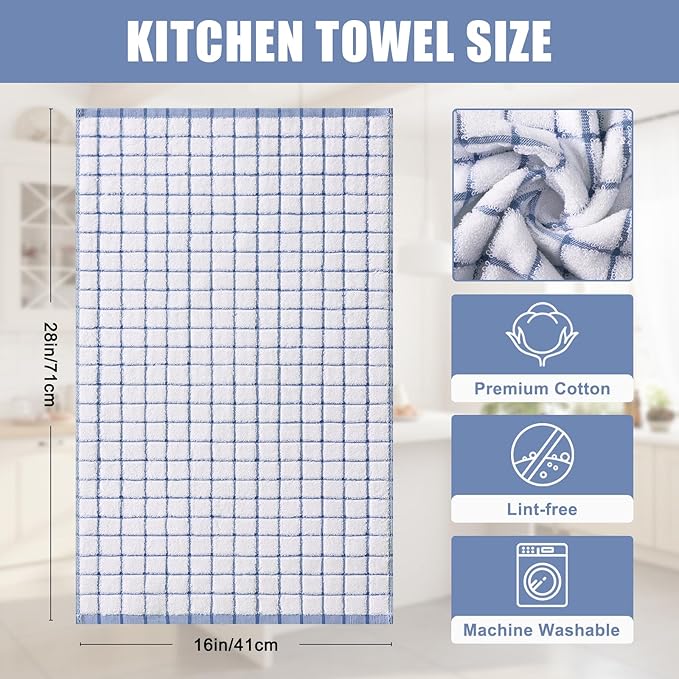 Homaxy Premium Kitchen Towels(16”x 28”, 6 Pack), Large Ring Spun Cotton Dish Towels, Super Absorbent Soft Terry Kitchen Hand Towels, Check Design Tea Towel Set with Hanging Loop, Navy Blue