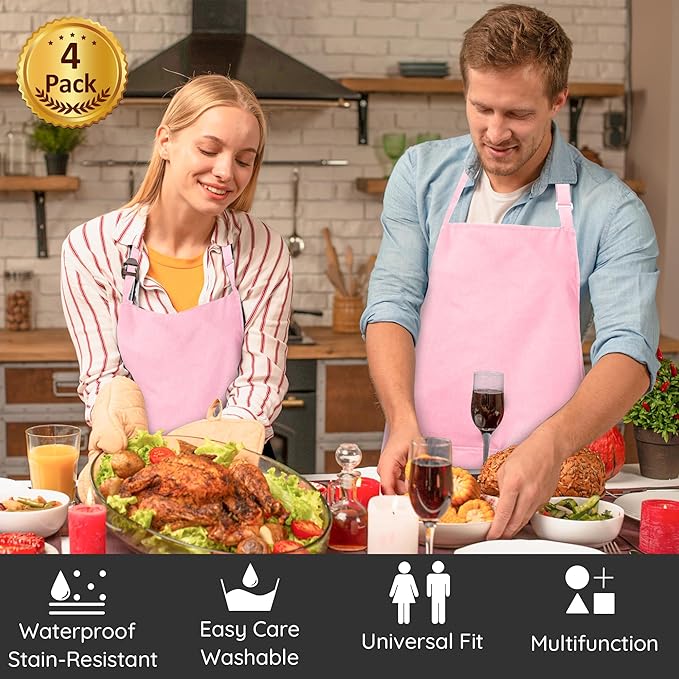 4 Packs Chef Apron with 2 Pockets, Waterproof Adjustable Apron for Men Women Perfect for Kitchen Cooking Baking Gardening Restaurant BBQ Coffee House, Professional Apron (Pink)