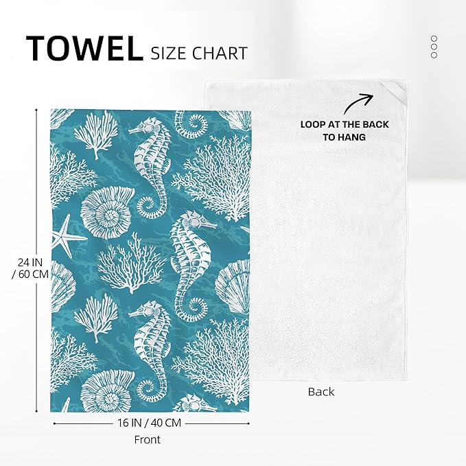 Teal Green Kitchen Towels Decorative Set Set of 2 Absorbent Dish Towels for Kitchen Bathroom Farmhouse Home Decor (Seahorse Corals, 16x24 Inch)