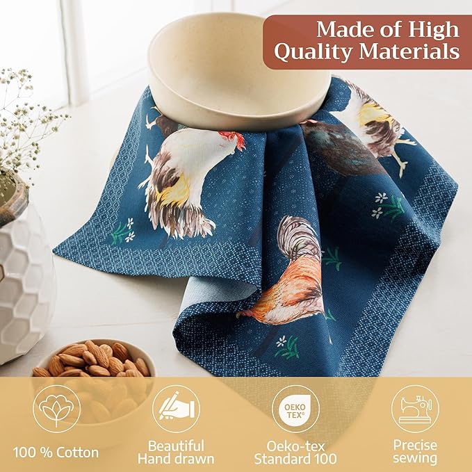 Maison d' Hermine Cloth Napkins Set of 4 100% Cotton Everyday Reusable Square Napkins Cloth Washable Dinner Party Wedding Restaurant Gifts for Mothers Day Spring/Summer(Meadow Rooster, 18" x 18")