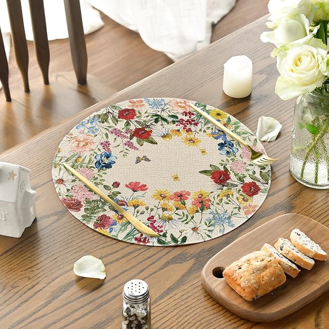 Artoid Mode Vintage Floral Spring Round Placemats Set of 4, 14 Inch Seasonal Holiday Round Table Mats for Party Kitchen Dining Decoration