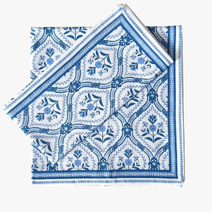 FINGERCRAFT Cloth Napkins, Set of 4 Cotton Linen Blend Printed Dinner Napkins Cloth Mitered Corner Perfect for Parties Dinners Weddings Cocktail Christmas Easter 20x20 Damask Blue