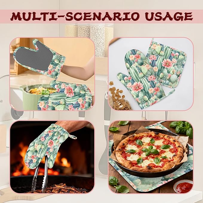Cactus Flower Succulent Plant Heat-Resistant Silicone Oven Mitts and Pot Holder 4 Piece Set,Non-Slip Kitchen Oven Gloves for Baking, BBQ, Cooking,Grilling
