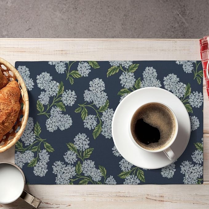 Navy Blue Placemats Set of 4 Blue Green Hydrangea Flower Decor Place Mats 12x18 Inch Vintage Floral Spring Summer Seasonal Decorative Linen Table Mats for Kitchen Dining Party Table Decoration