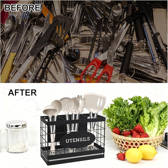 Magnetic Utensil Holder for Fridge Large Silverware Organizer Kitchen Utensil Organizer with Draining Kitchen Counter Sturdy Black Metal Cooking Caddy Storage for Silicone Spatula Fork Spoon