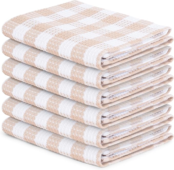 Blue Needles Set of 6 Waffle Weave Kitchen Towel, 15x25 Inches 100% Cotton Check Plaid Dish Towels for Kitchen, Soft & Absorbent for Quick Drying with Hanging Loop, Spring Summer - Beige & White