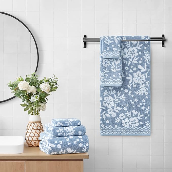 Lucky Brand Folk Floral 6 Piece Bath Towel Set - (2) Bath Towels, (2) Hand Towels, and (2) Washcloths - Dusty Blue Premium Bathroom Towel Set