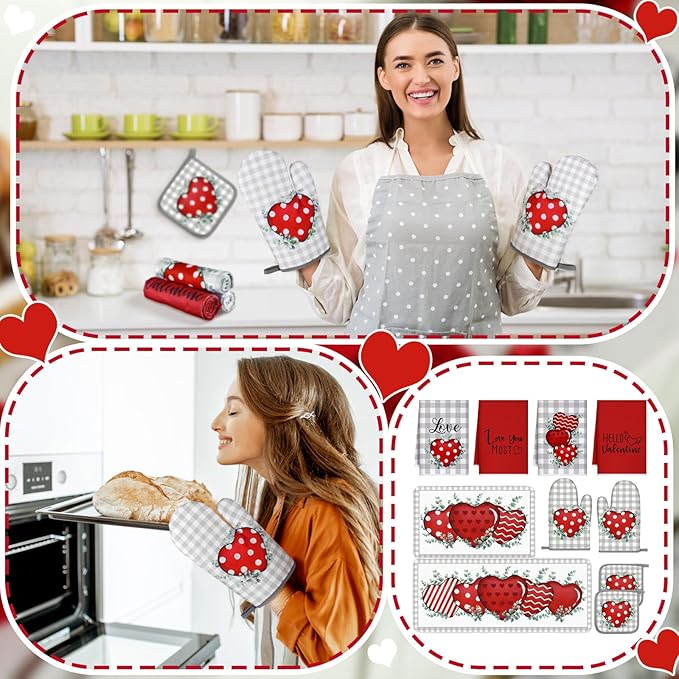 VitalCozy Set of 10 Valentine's Day Kitchen Towels Heart Kitchen Mats Oven Mitts and Pot Holders Set Absorbent Red Tea Hand Towels Valentine's Day Decorative Towel for Baking Cooking BBQ