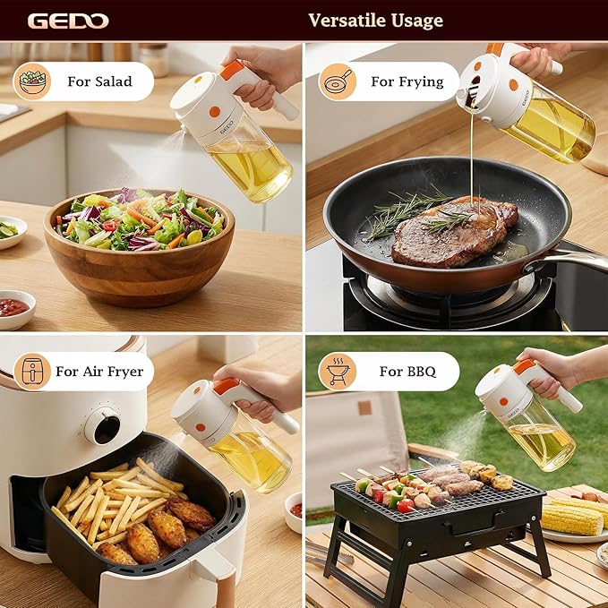 GEDO 2-in-1 Oil Sprayer & Dispenser, Borosilicate Glass Oil Bottle with Auto Open/Close Lid, One-Press Refill & Ergonomic Handle, Mist & Pour for Cooking, Salad, Air Fryer, BBQ
