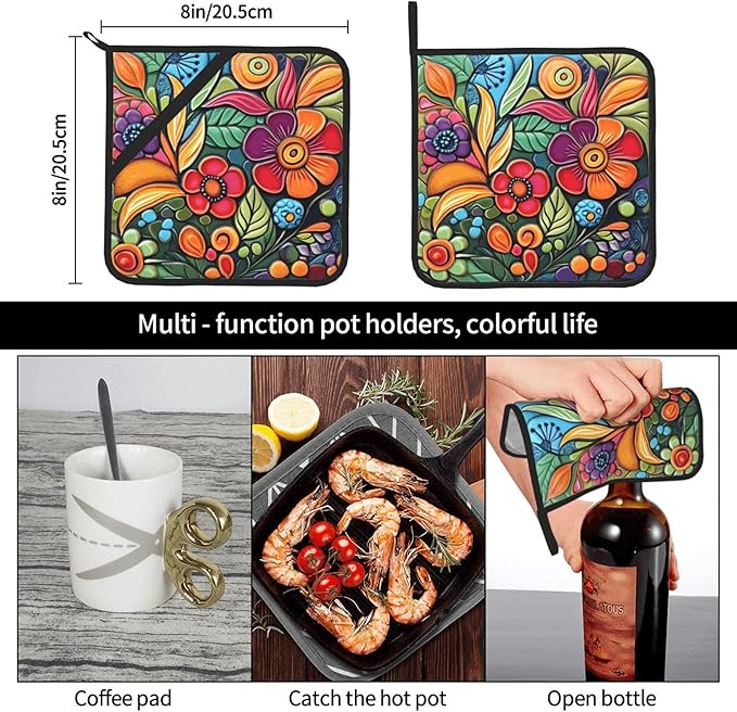 Colorful Boho Florals Pot Holders Set of 2 Kitchen Decorative Heat Resistant Potholder Cotton Lining Oven Hot Pads for Cooking Baking Microwave Oven End Dishes BBQ Holiday Decors