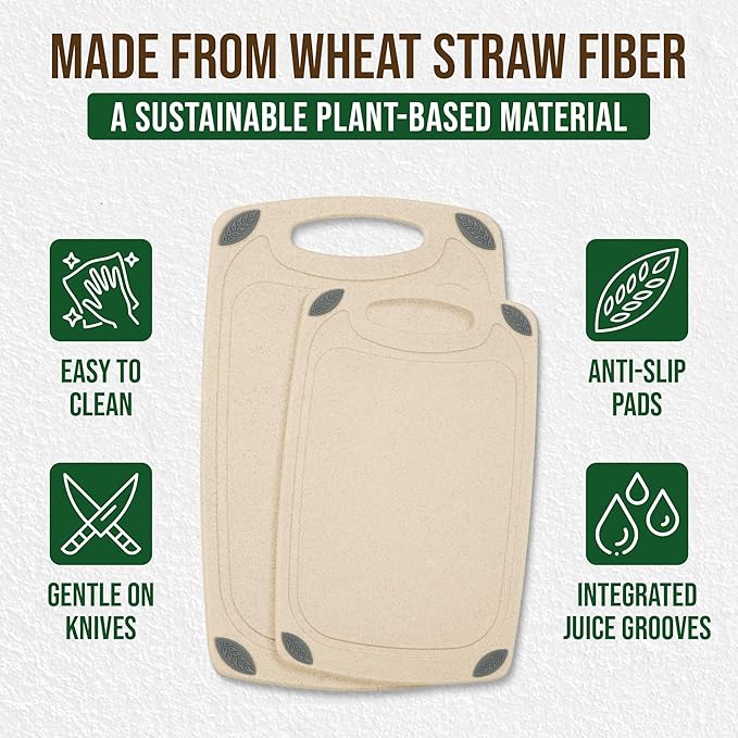AXIOM CREATIONS 2-Piece Reversible Cutting Board Set Made from Natural Food Grade Wheat Straw Material - Eco-Conscious Alternative to Plastic - Gluten Free & BPA Free Chopping Boards for Kitchen