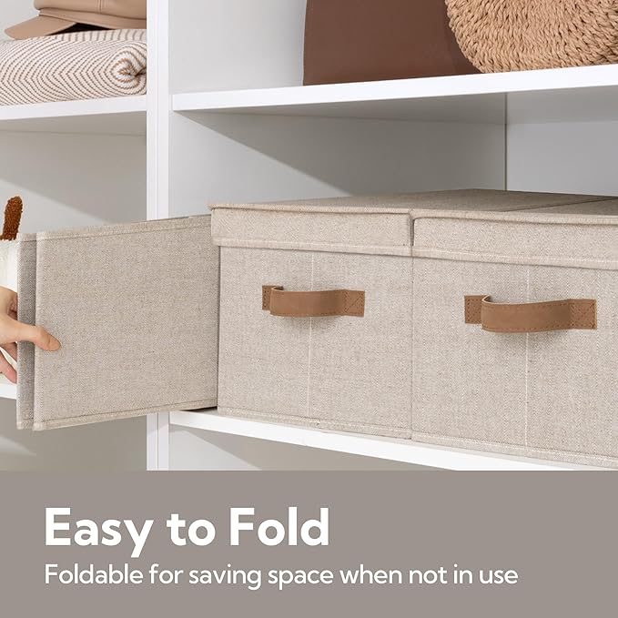 StorageWorks Storage Bins with Lids, Decorative Storage Boxes with PU Handles, Foldable Storage Baskets for Closet, Shelves, Stackable, Brown and Beige, Large, 3-Pack