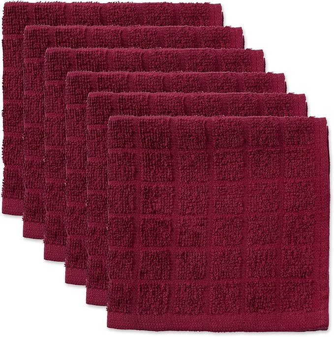 DII Basic Terry Collection Solid Windowpane Dishcloth Set, 12x12, Wine, 6 Piece