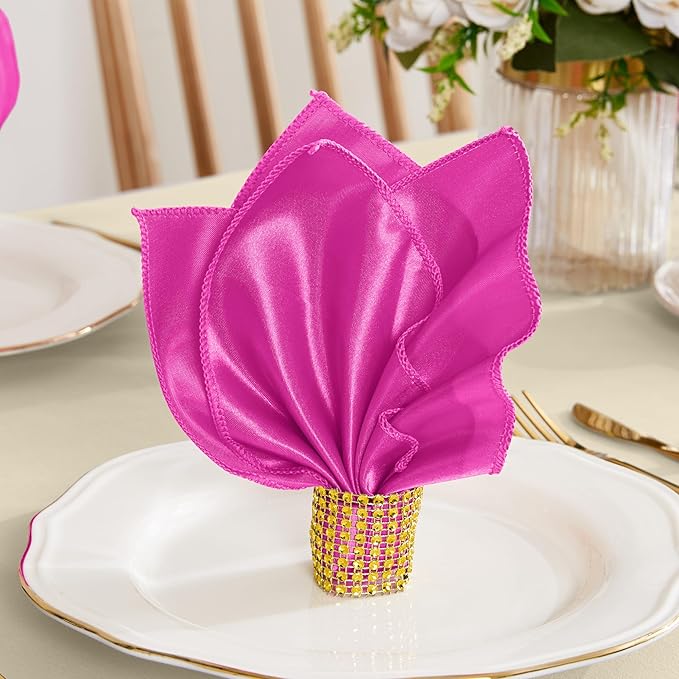 RUDONG M 100 Pcs Hot Pink Satin Napkins and Napkin Rings Set, 17 x 17 Inch Square Cloth Napkins Set of 50, Silky Soft Table Napkins Bulk for Weddings, Banquet, Parties Dinner Decoration
