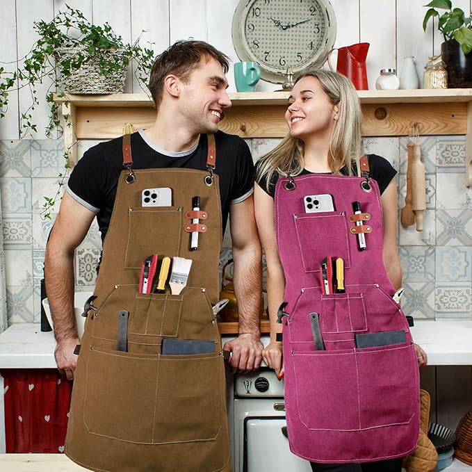 Work Aprons for Men Women with 9 Pockets Chef Apron 14oz Cotton Canvas Cross Back Aprons Heavy Duty Apron Pink Tool Apron for Woodworkers Kitchen Cooking Apron Waterproof Apron Size M to XXL