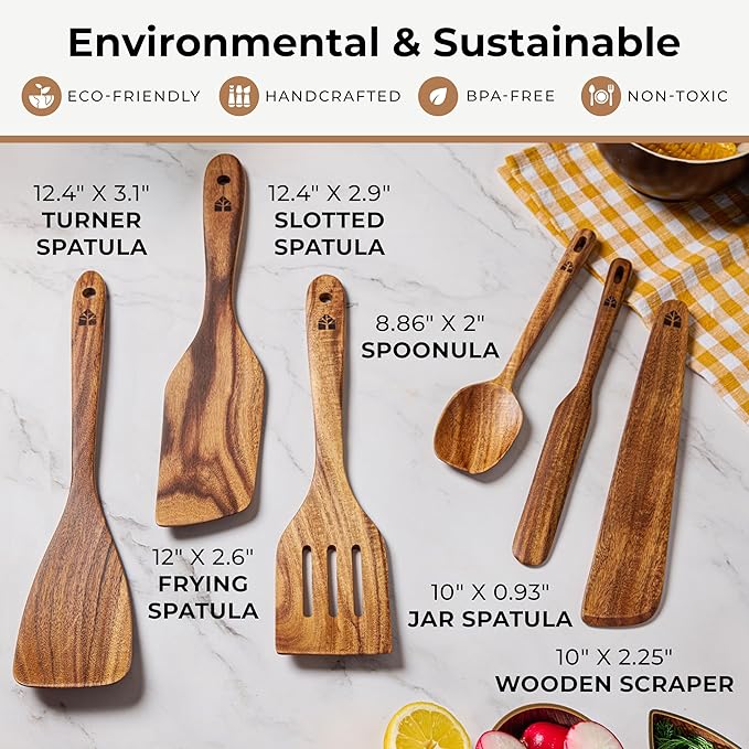 Wooden Spatula for Cooking - Non-Scratch, Sturdy, Natural Teak Cooking Utensils - Easy to Clean Wooden Spatula Set with Turner, Scraper, Slotted & Frying Wood Spatulas, Jar Scraper, Spoonula - 6 Pcs