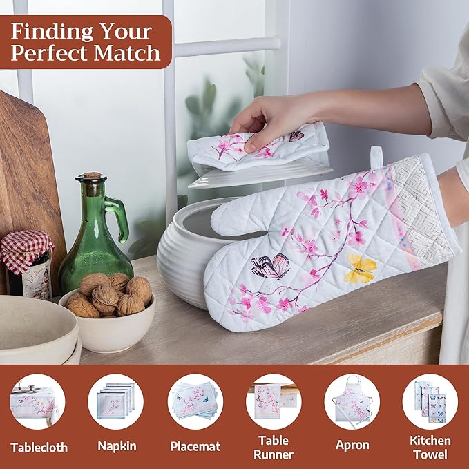Maison d'Hermine Oven Gloves 100% Cotton Oven Mitt 7" x 13" with Loop Heat Resistant BBQ Cooking Gloves Baking Grilling Gifts for Mothers Day Spring/Summer (Pack of 1, Blossoms in Spring)
