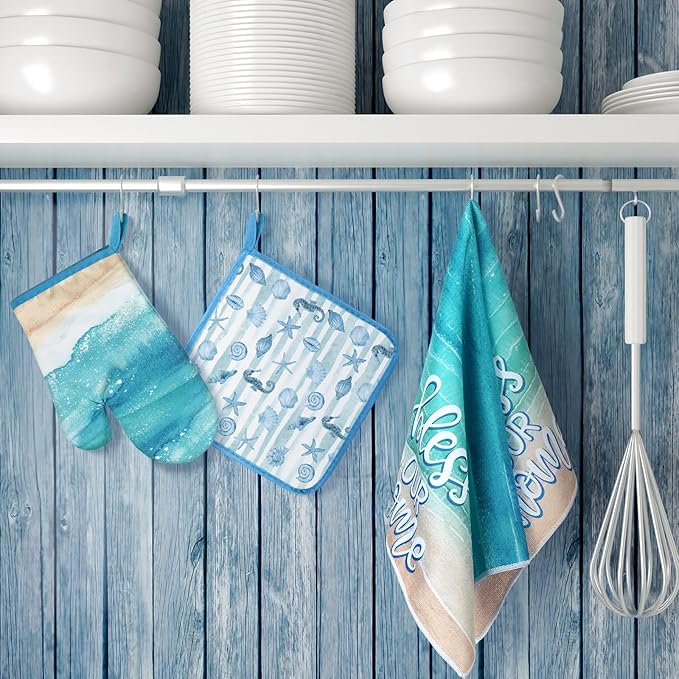 Leinuosen 6 Ocean Kitchen Towels Kitchen Decor and Accessories Set Floral Plant Oven Mitts and Pot Holders Sets Farmhouse Absorbent Dish Towels for Cooking Baking Grilling