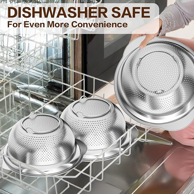 Stainless Steel Colander for Kitchen, Stainless Steel Strainer, Pasta Strainer for Spaghetti Fruit Cooking Food, 3 Pcs Strainers and Colanders(2QT, 3QT, 5QT), Dishwasher Safe, Kitchen Present