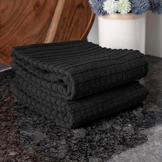 Ritz Royale Collection 100% Combed Terry Cotton, Highly Absorbent, Oversized, Kitchen Towel Set, 28" x 18", 2-Pack, Solid Black
