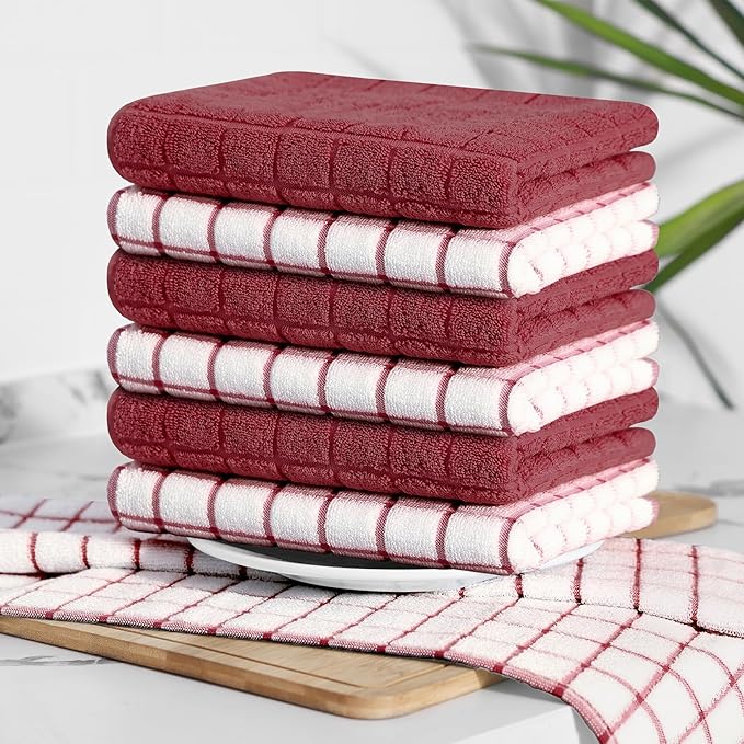 Homaxy Premium Cotton Kitchen Towels 16"x 28", Large Natural Ring Spun 390 GSM Dish Towels, Super Absorbent Terry Kitchen Hand Towels, Soft Tea Towels with Hanging Loop, Red Check Design, 12 Pack
