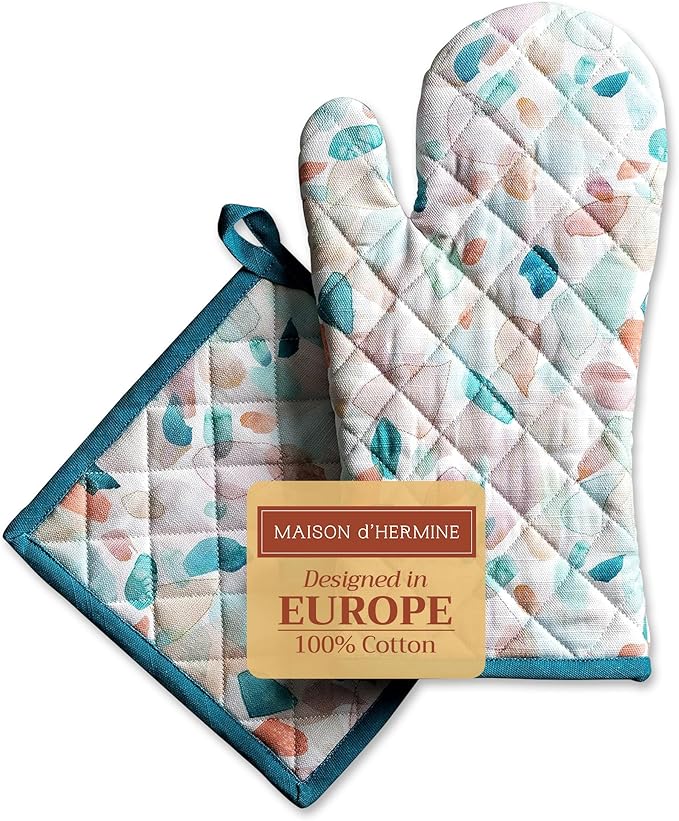 Maison d' Hermine 100% Cotton Oven Mitt & Pot Holder Set (7.5"x13" & 8"x8") Heat Resistant BBQ Cooking Gloves with Loop Baking Grilling Kitchen Gifts for Mothers Day Spring/Summer (Summer Picnic)