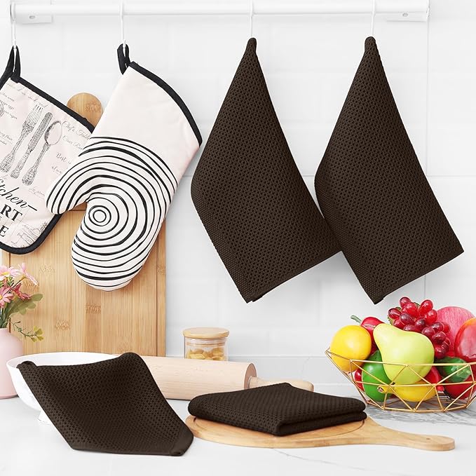 Homaxy 100% Cotton Waffle Weave Kitchen Dish Cloths, 4-Pack Ultra Soft Absorbent Dish Towels, Quick Drying Dish Rags, 12 x 12 Inches, Dark Brown