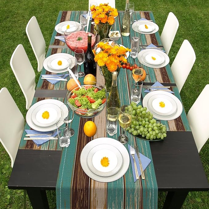 ArtSocket Farmhouse Table Runner and Placemats Set of 6, Blue Teal Green Board Painting Art Dining Decor for Daily Use(1 Table Runner 72 inches Long and 6 Placemats)